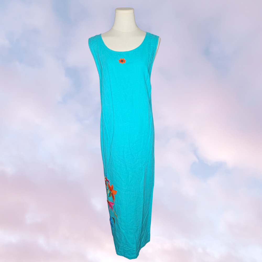 AKC Turquoise Linen Rayon Floral Embroidered Sleeveless Maxi Shift Dress Size 3X